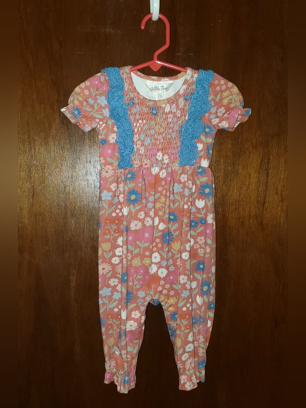 Matilda Jane Pink Floral Smocked Romper Sz 6-12 Months